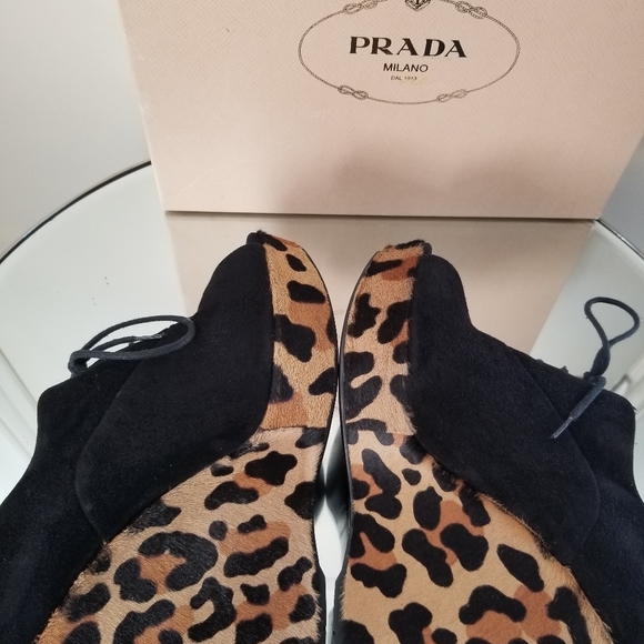 Prada Black Suede Leopard Pony Hair Wedge 39 - Picture 12 of 13